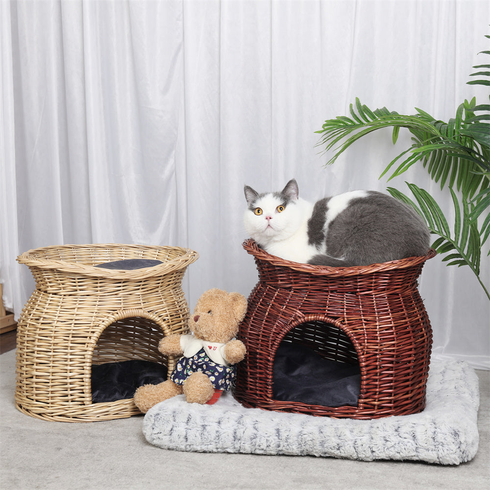 Two Tier Rattan Wicker Cat Basket