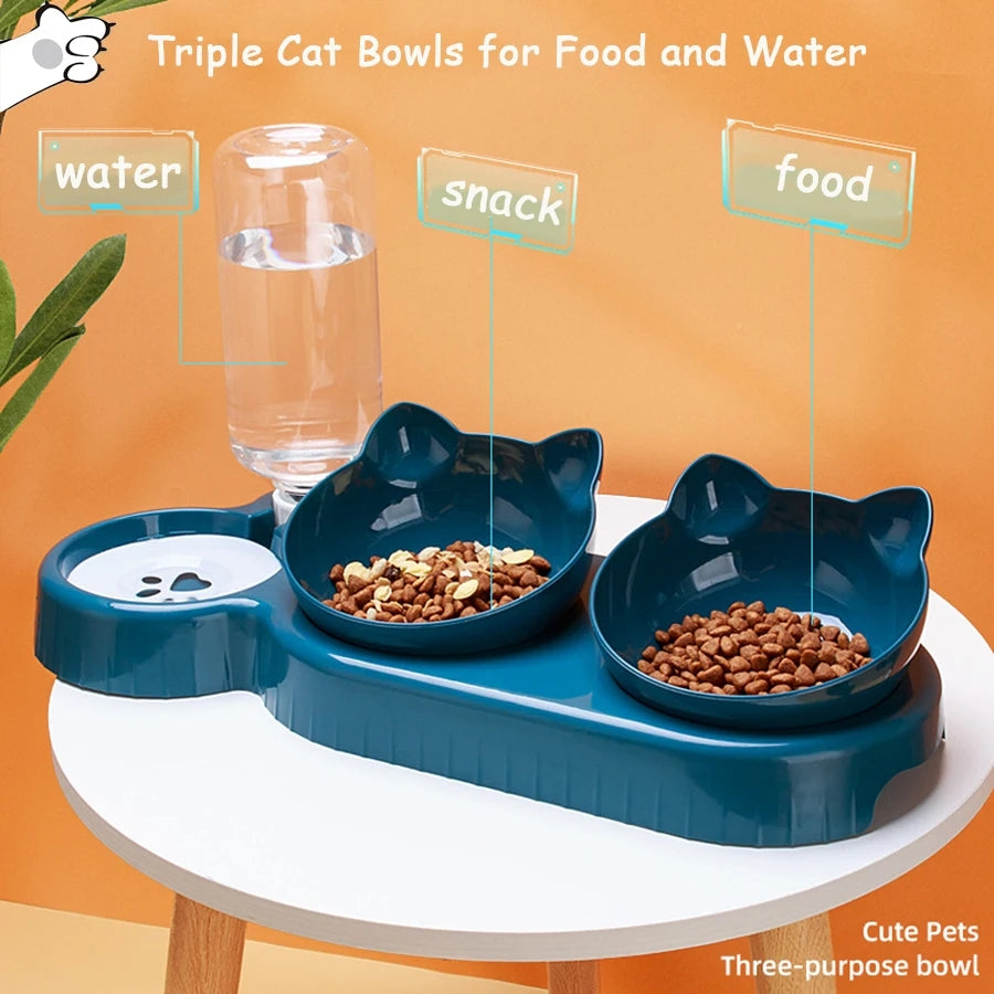 Triple Cat Feeder 3 in 1 Bowls with Automatic Water Bottle | FREE DELIVERY