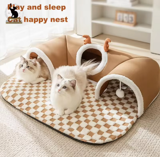 Plush 3 Tunnel Cat Bed Mat