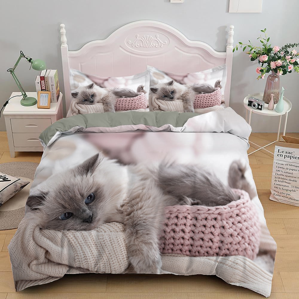 Lovely Cat Bedding Set Cute Kitten Duvet Cover with Pillowcase The Cat Life